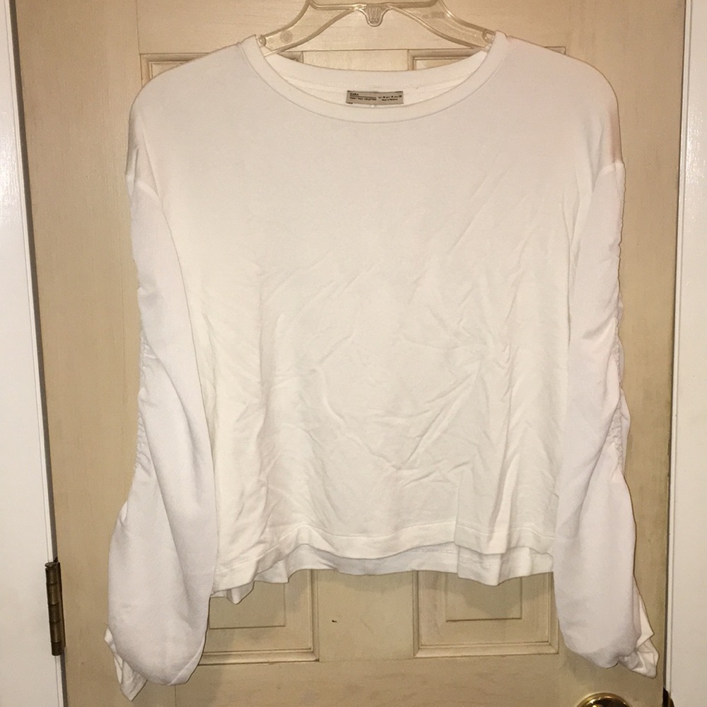 ZARA | White Long Sleeve Top with Ruched Sleeves -